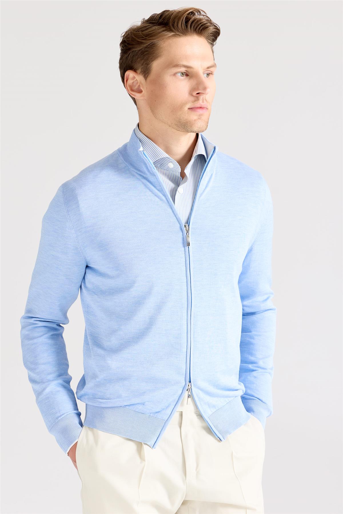 Mavi Fermuarlı Pamuk İpek Hırka