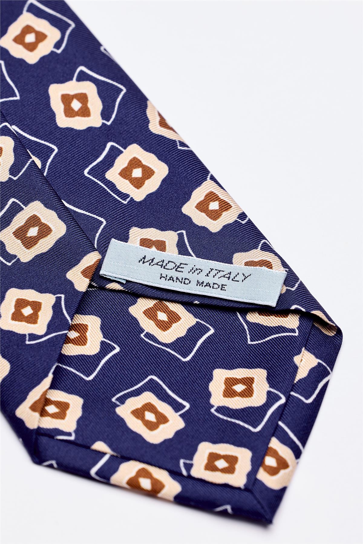 Mavi Kahve Desenli 7 Fold İpek Kravat