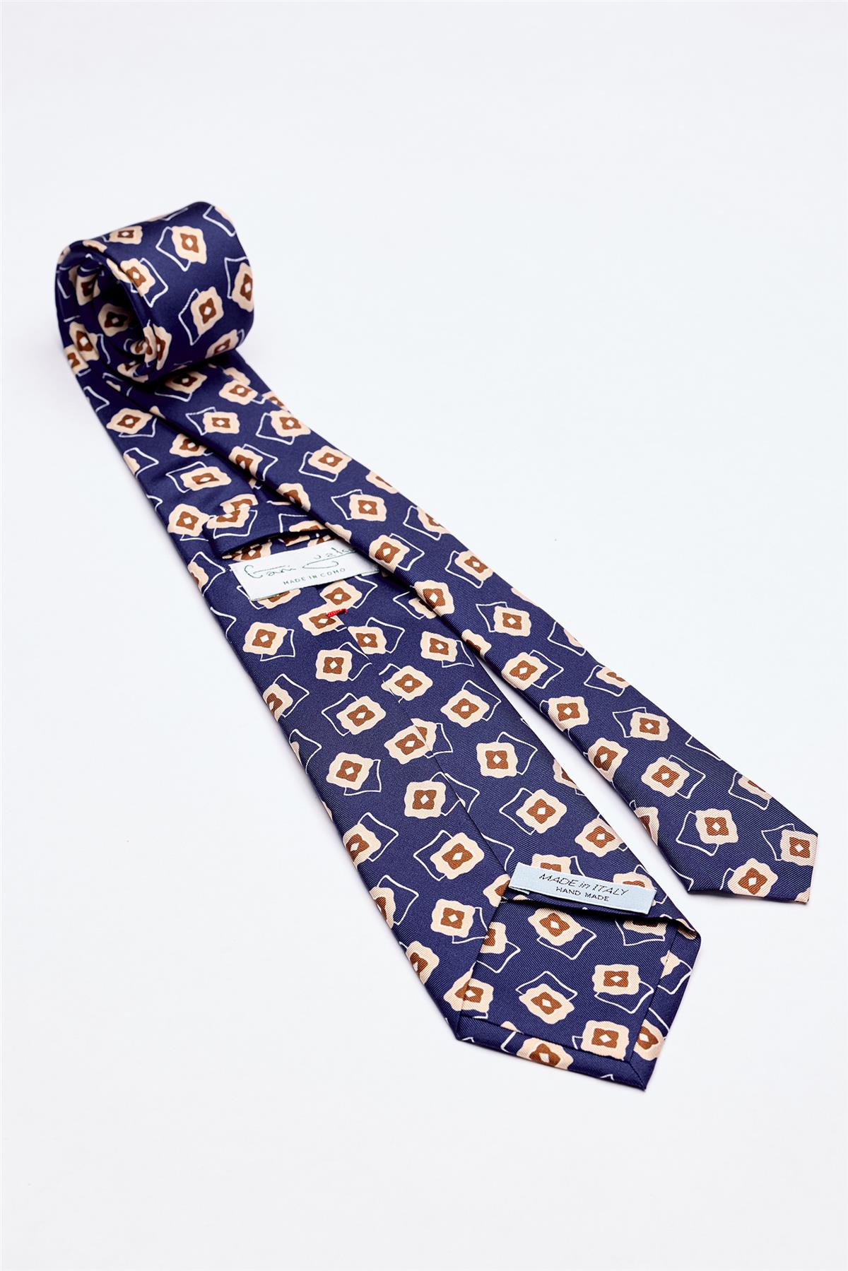Mavi Kahve Desenli 7 Fold İpek Kravat