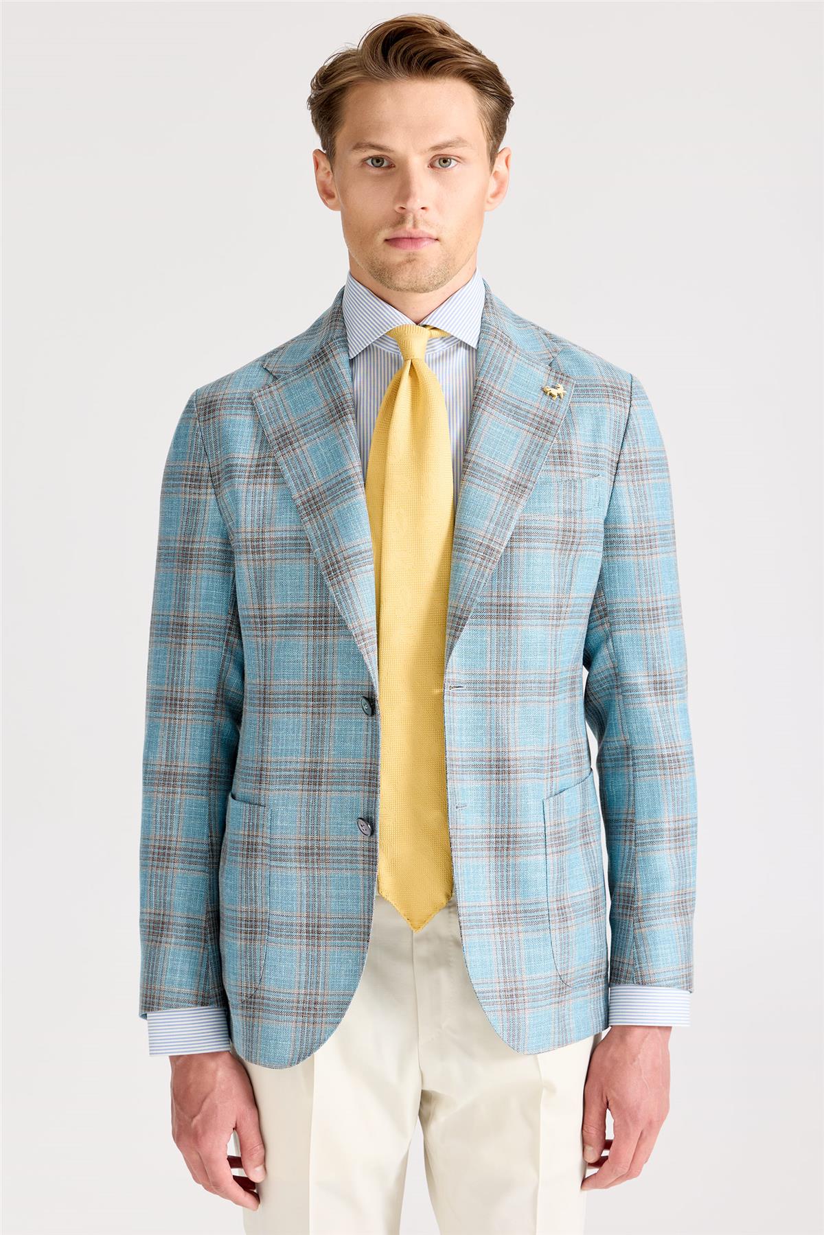 Mavi Kahverengi Kareli Yün İpek Ceket