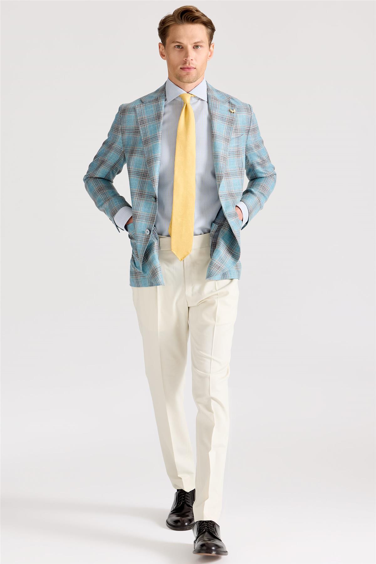 Mavi Kahverengi Kareli Yün İpek Ceket