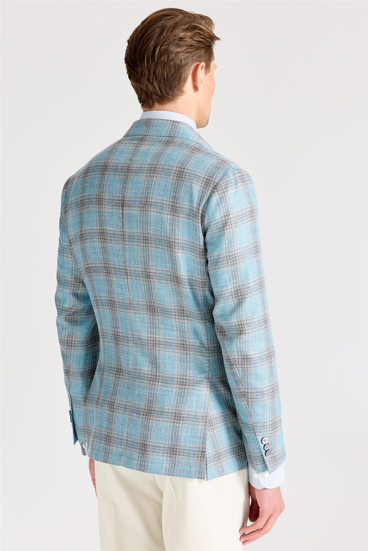 Mavi Kahverengi Kareli Yün İpek Ceket