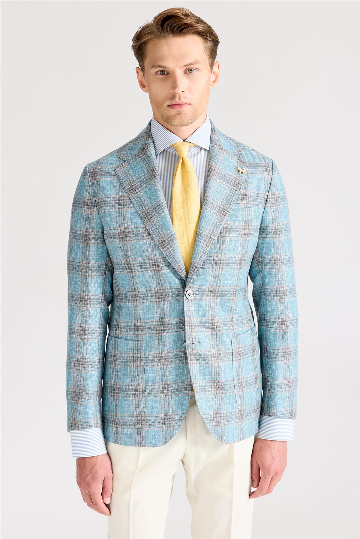 Mavi Kahverengi Kareli Yün İpek Ceket