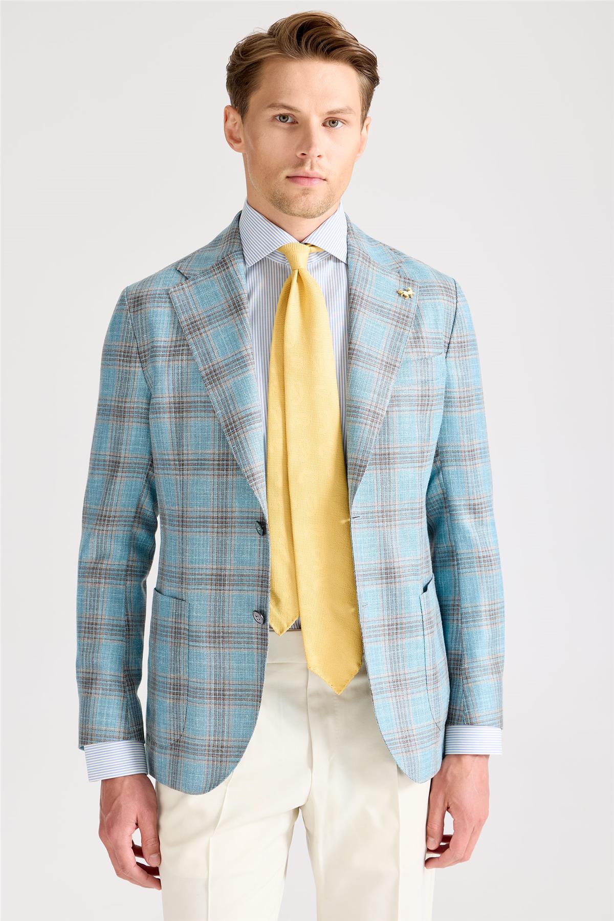 Mavi Kahverengi Kareli Yün İpek Ceket