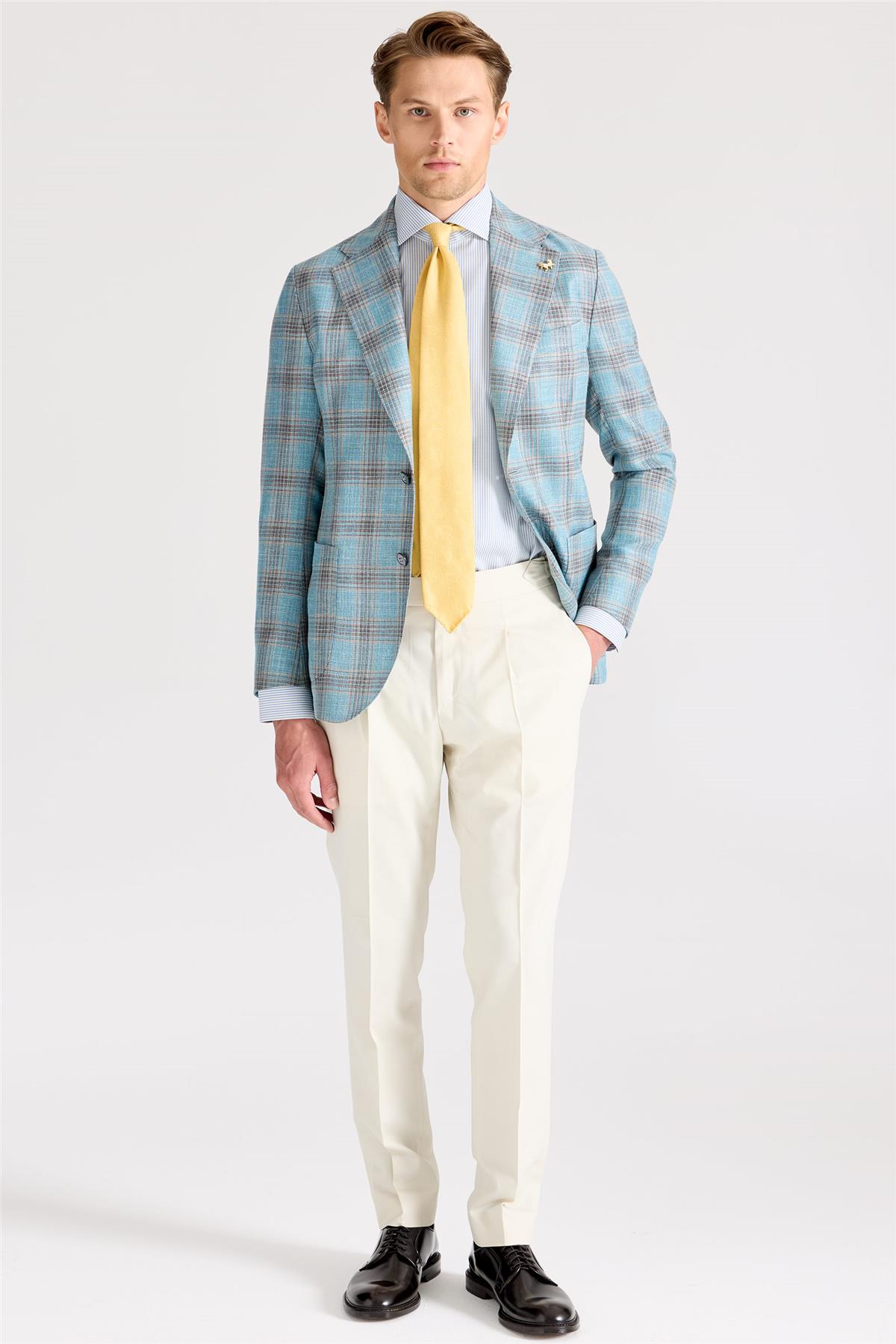 Mavi Kahverengi Kareli Yün İpek Ceket