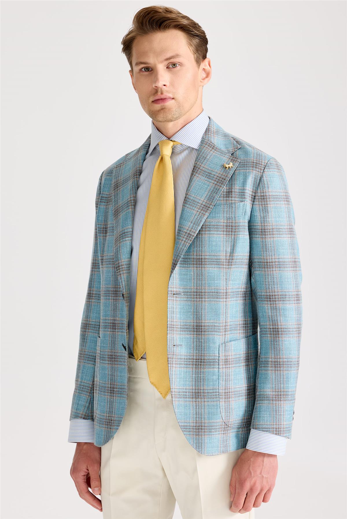 Mavi Kahverengi Kareli Yün İpek Ceket