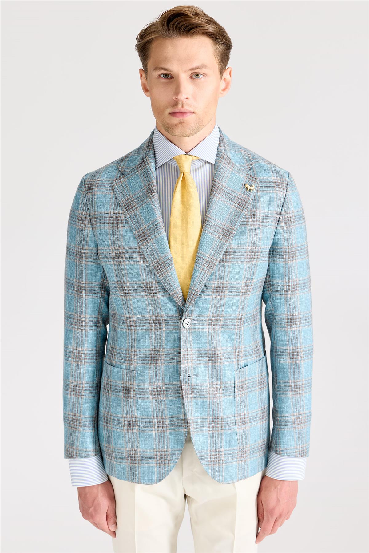 Mavi Kahverengi Kareli Yün İpek Ceket