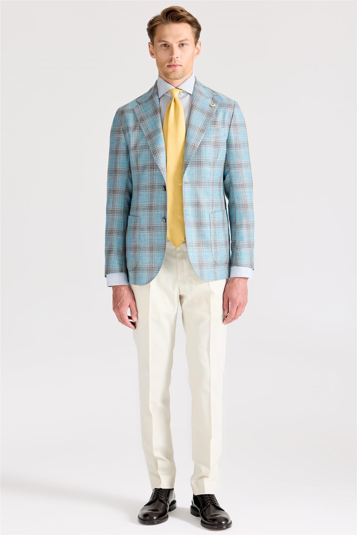 Mavi Kahverengi Kareli Yün İpek Ceket