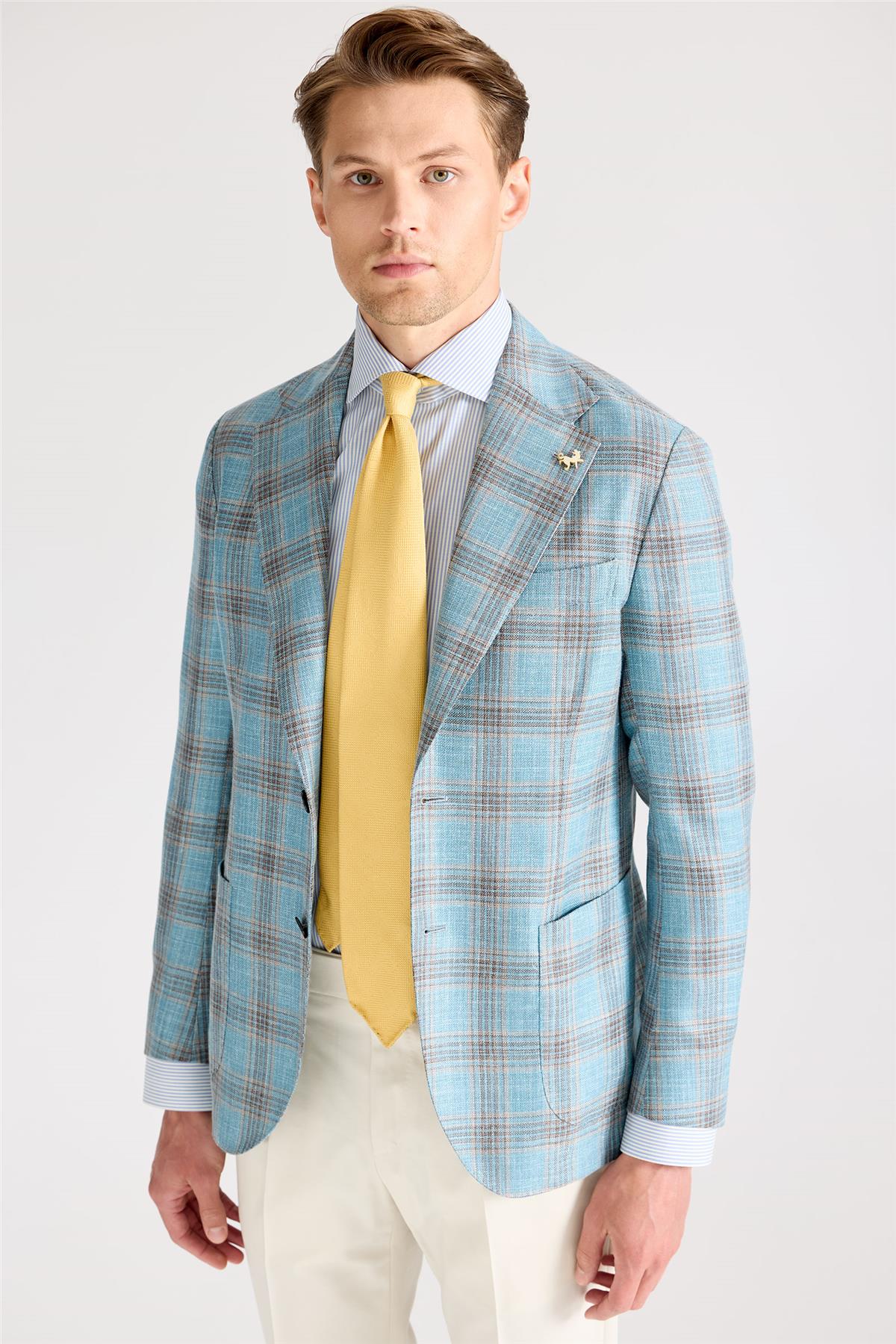 Mavi Kahverengi Kareli Yün İpek Ceket