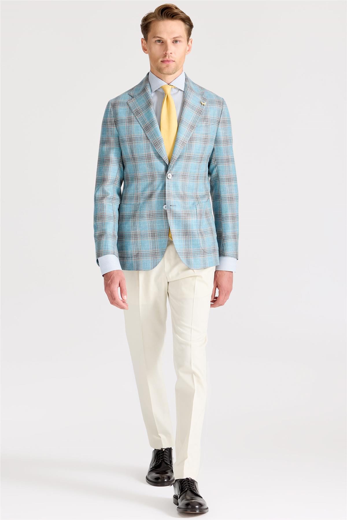 Mavi Kahverengi Kareli Yün İpek Ceket