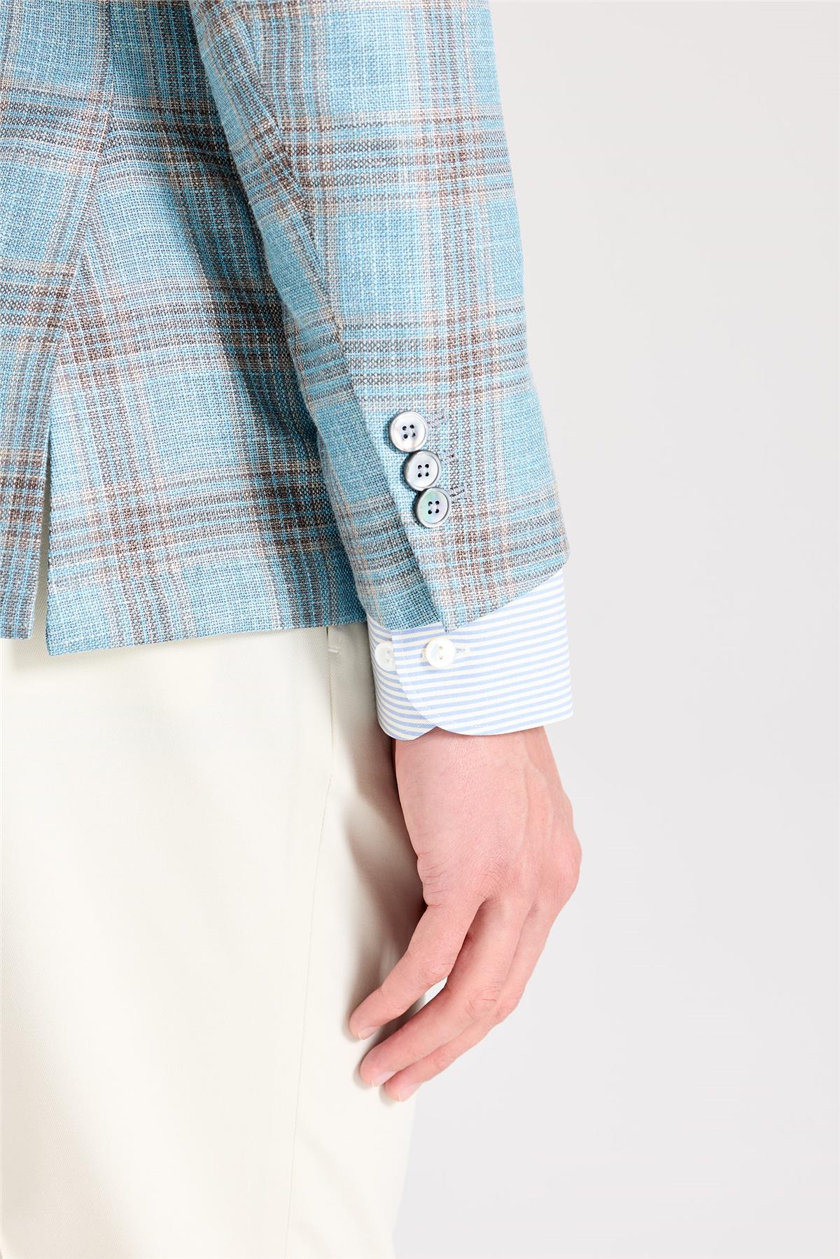 Mavi Kahverengi Kareli Yün İpek Ceket