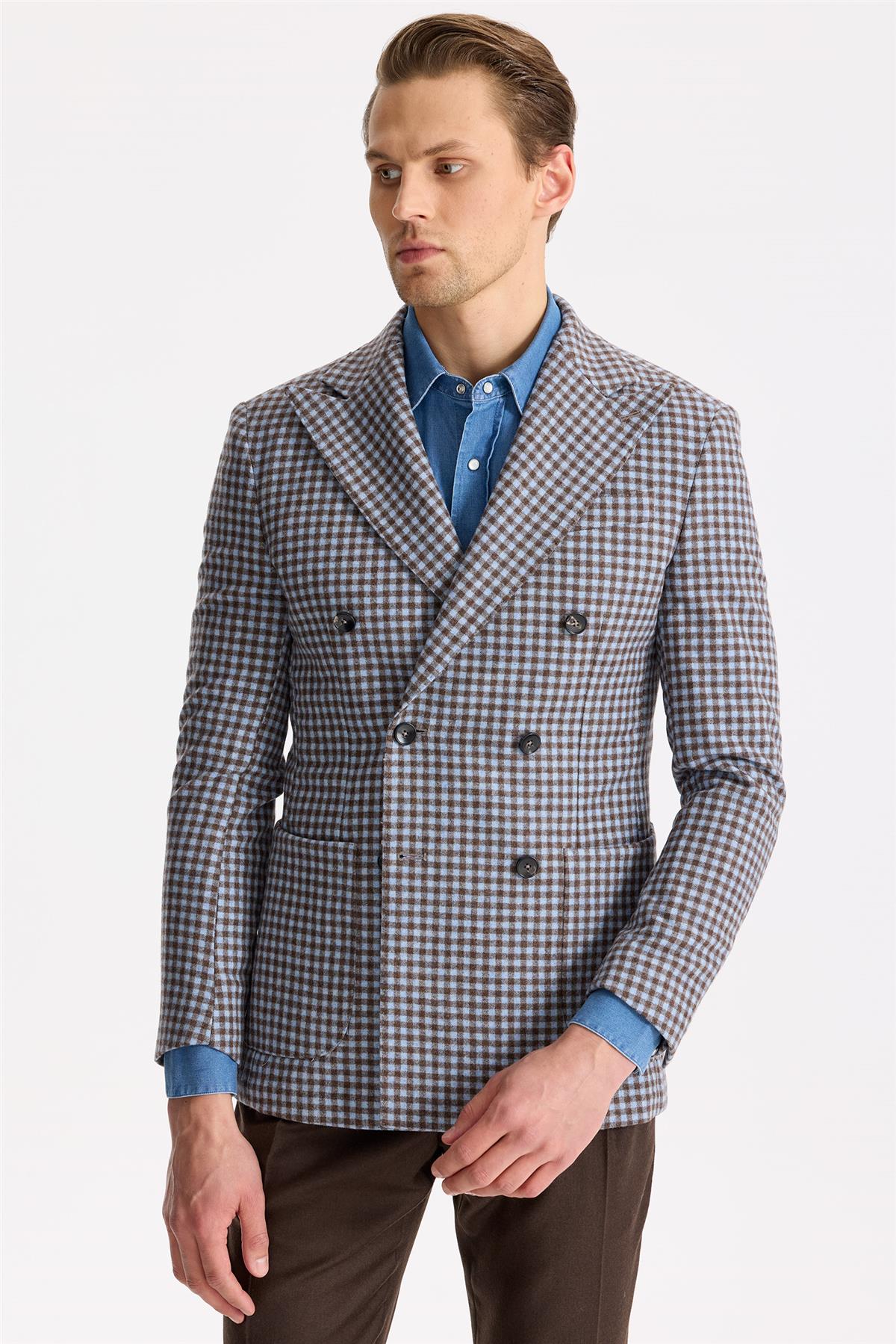 Mavi Kahverengi Kruvaze Yün Ceket