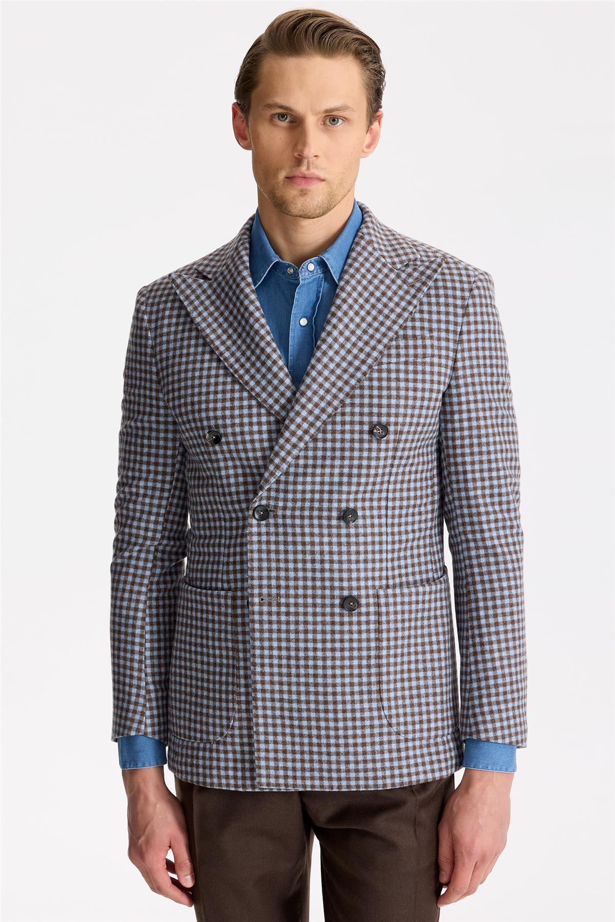 Mavi Kahverengi Kruvaze Yün Ceket