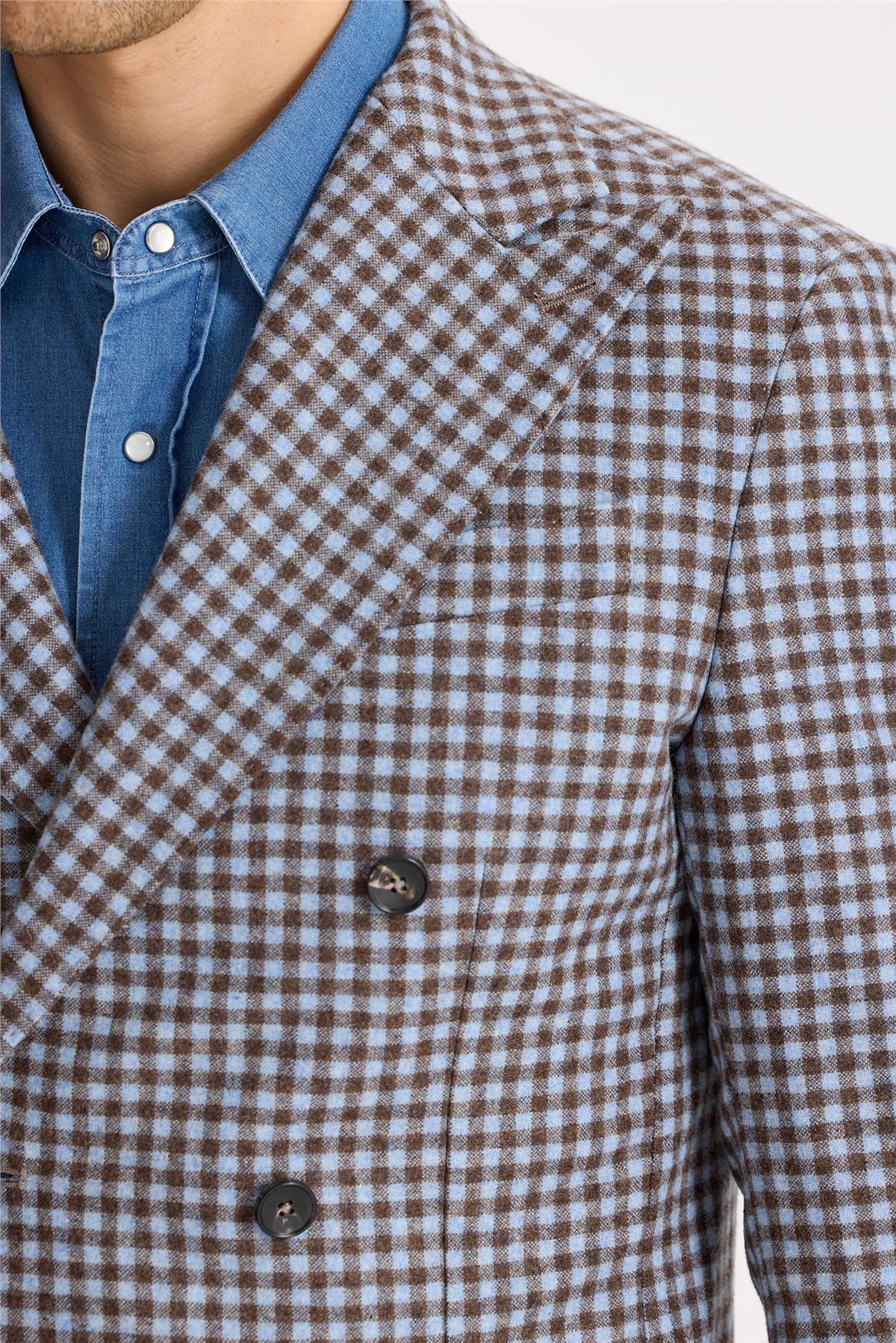 Mavi Kahverengi Kruvaze Yün Ceket