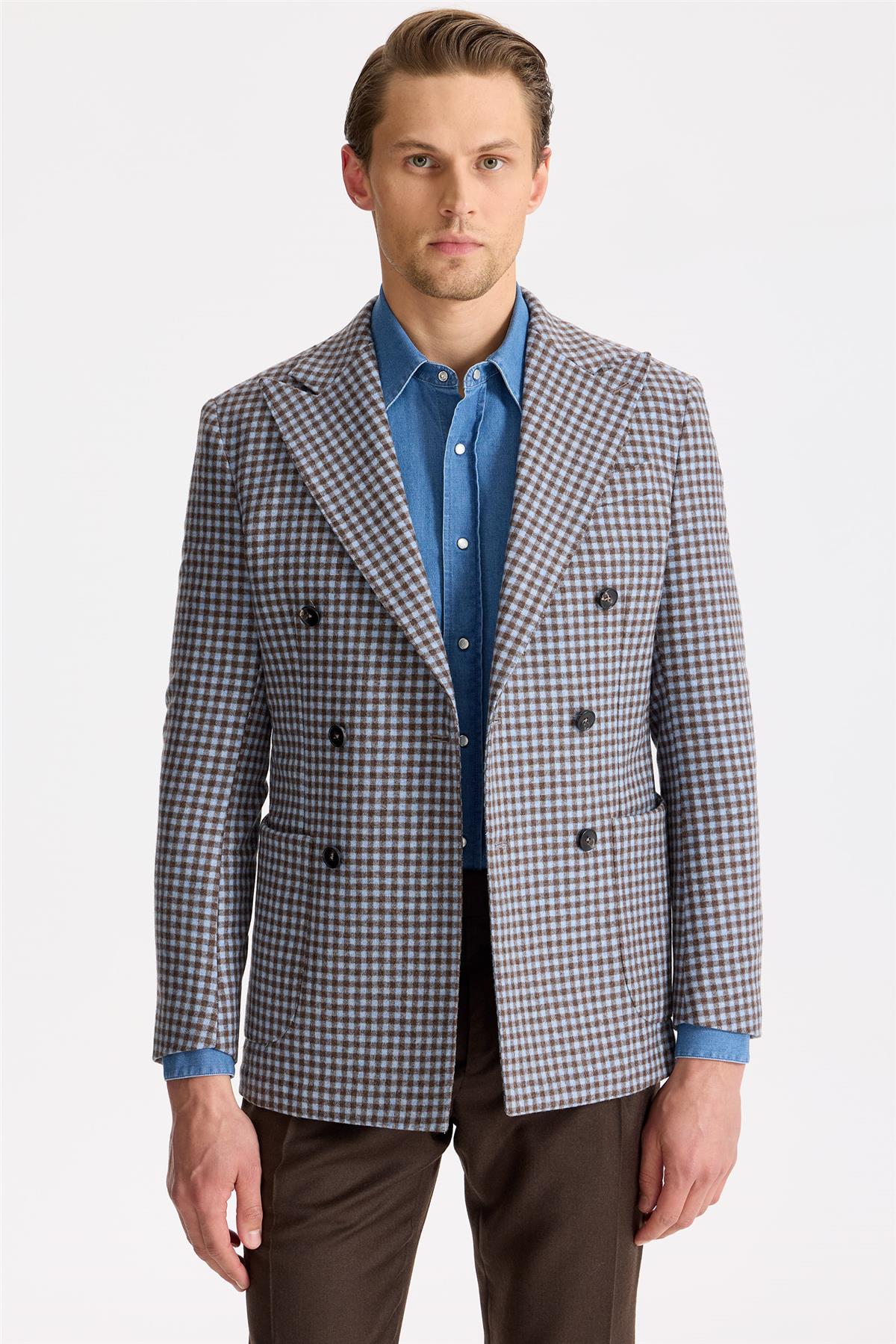 Mavi Kahverengi Kruvaze Yün Ceket