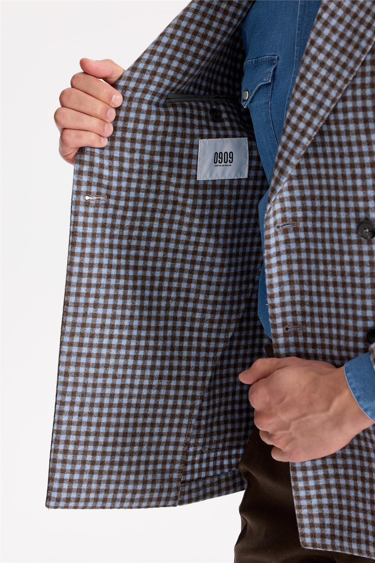 Mavi Kahverengi Kruvaze Yün Ceket