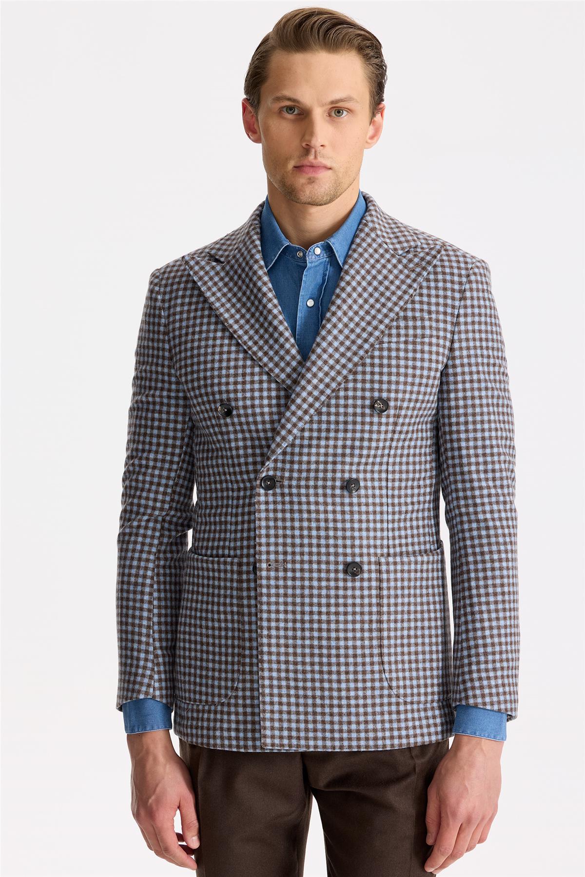 Mavi Kahverengi Kruvaze Yün Ceket