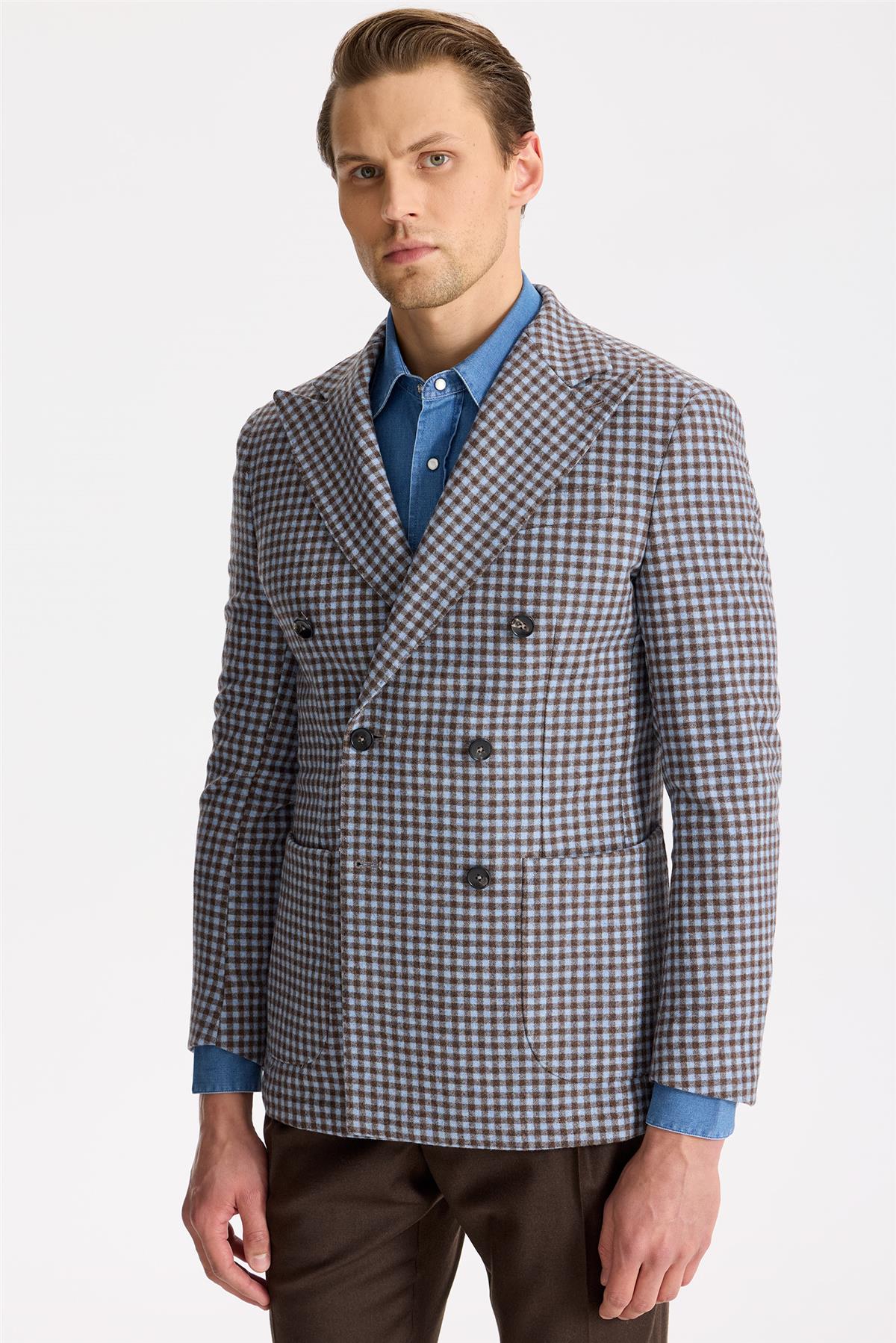 Mavi Kahverengi Kruvaze Yün Ceket