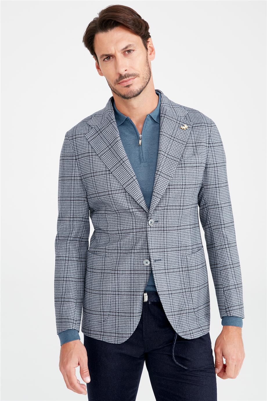 Mavi Kareli Yün Ceket