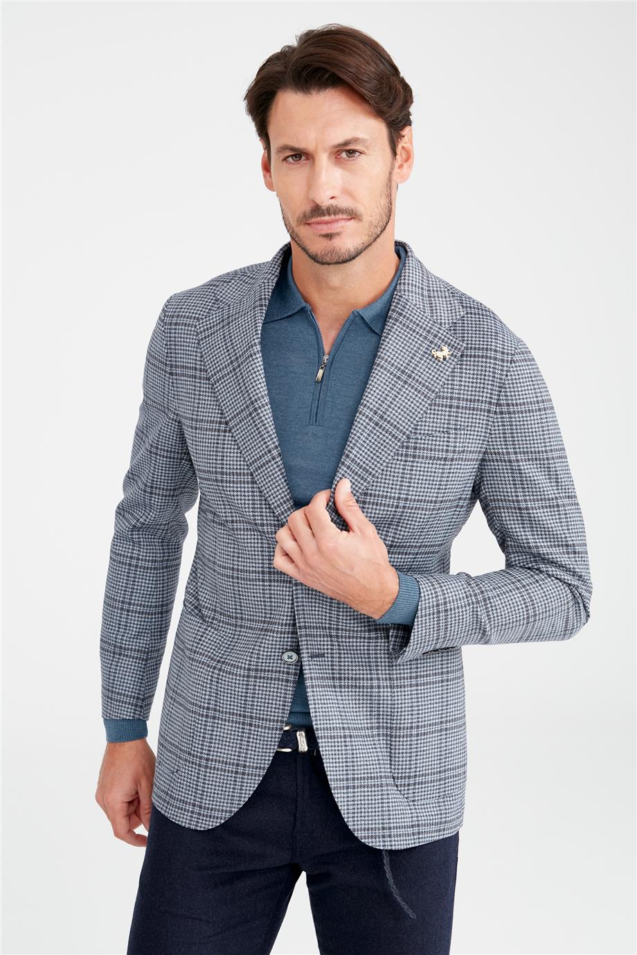 Mavi Kareli Yün Ceket