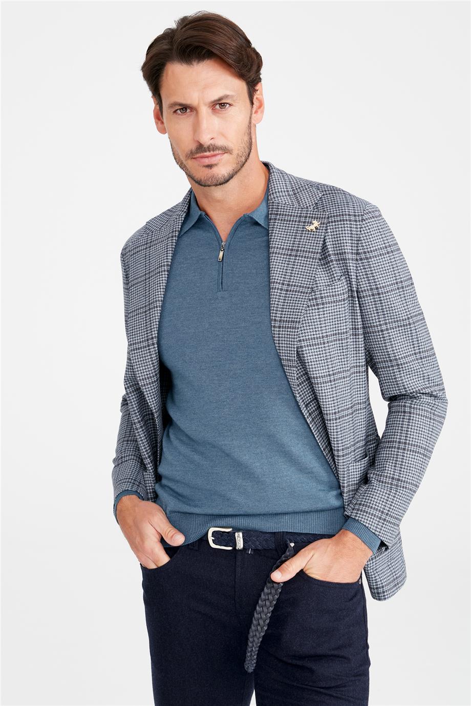 Mavi Kareli Yün Ceket