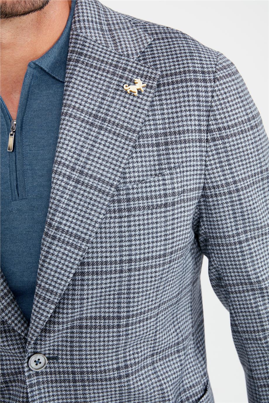 Mavi Kareli Yün Ceket