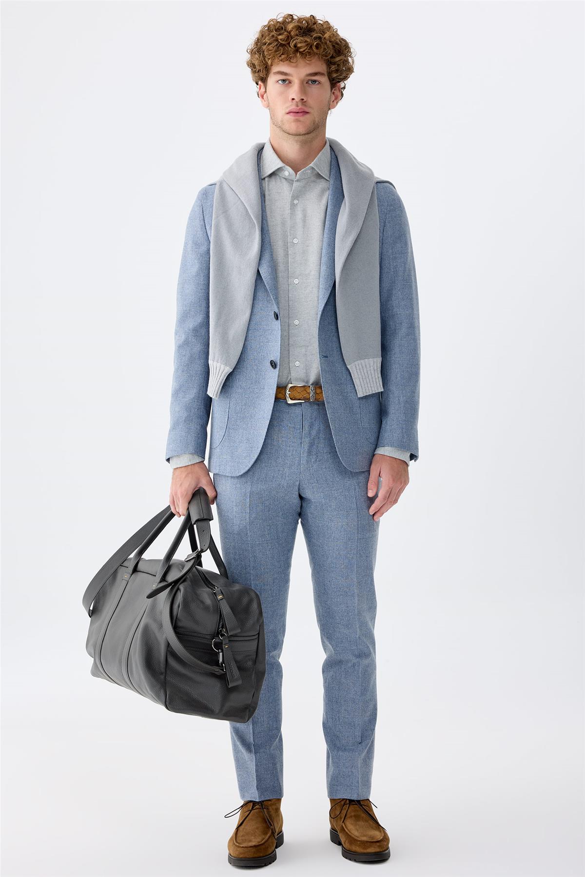 Mavi Kareli Yün Takım Elbise