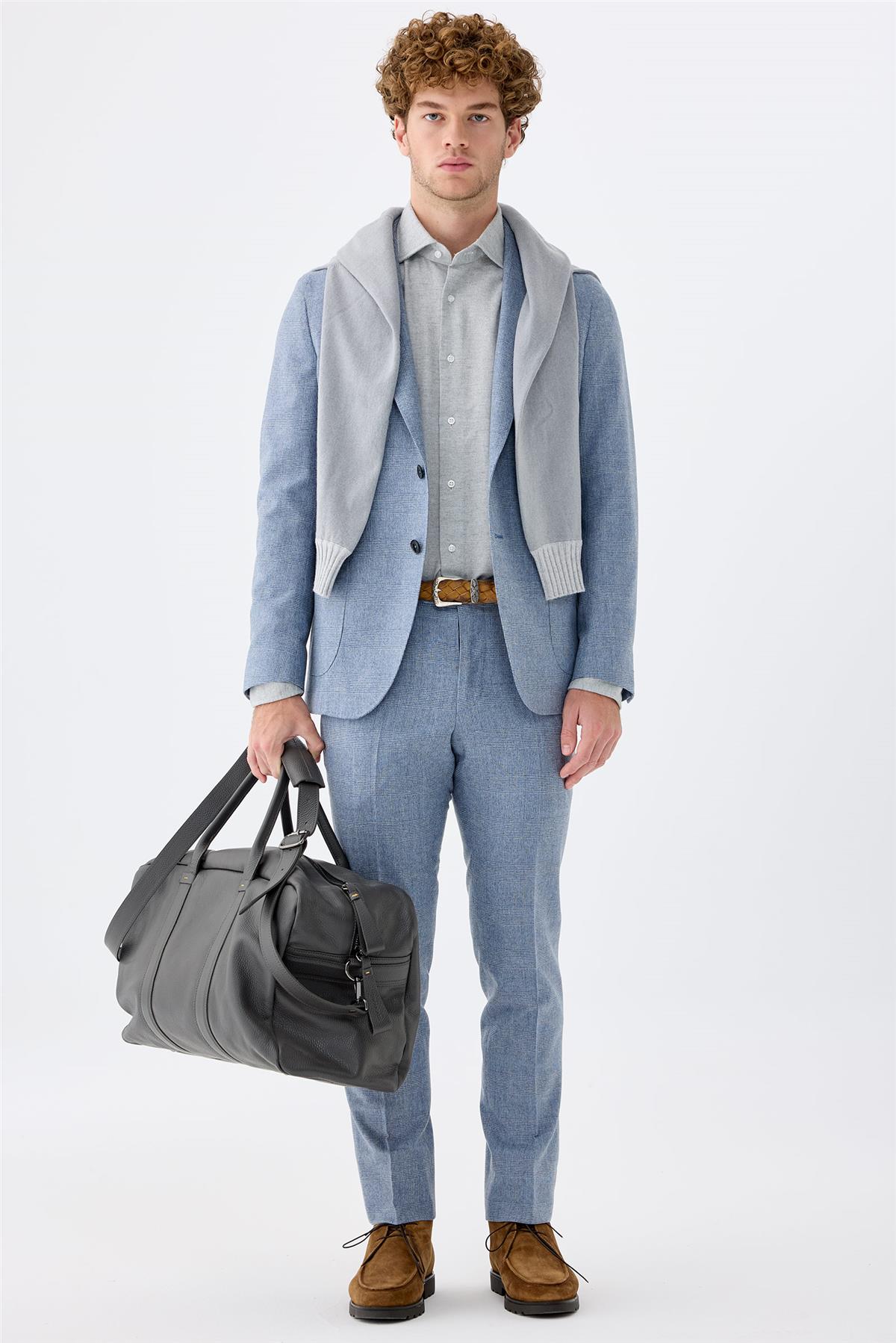 Mavi Kareli Yün Takım Elbise