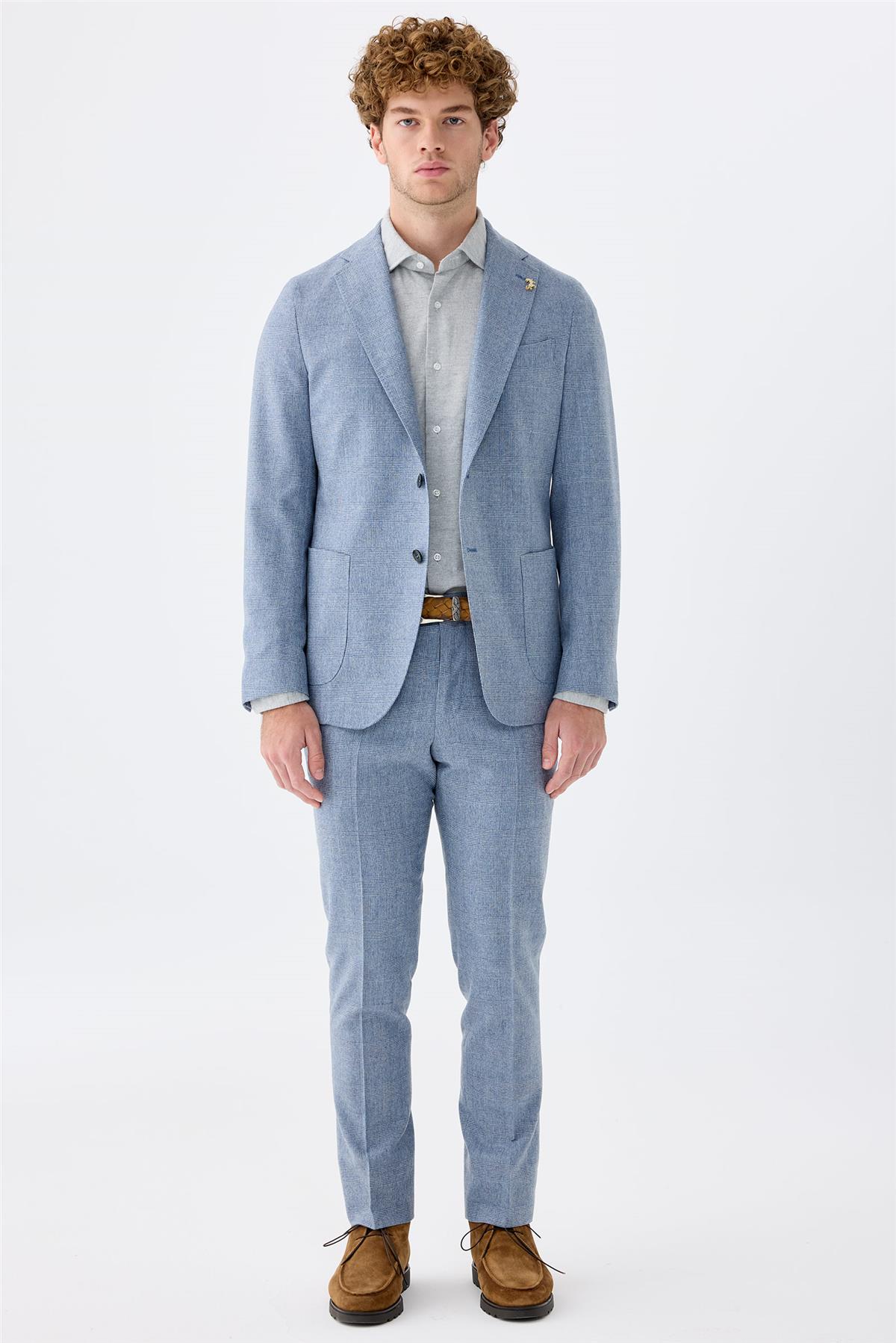 Mavi Kareli Yün Takım Elbise