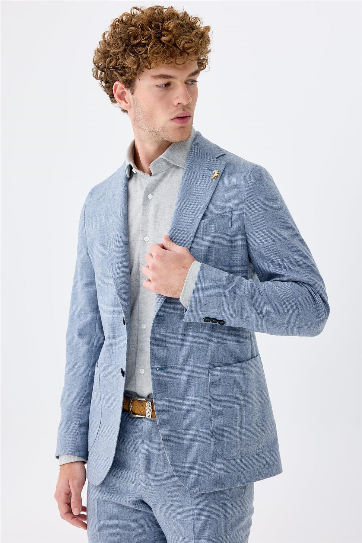 Mavi Kareli Yün Takım Elbise