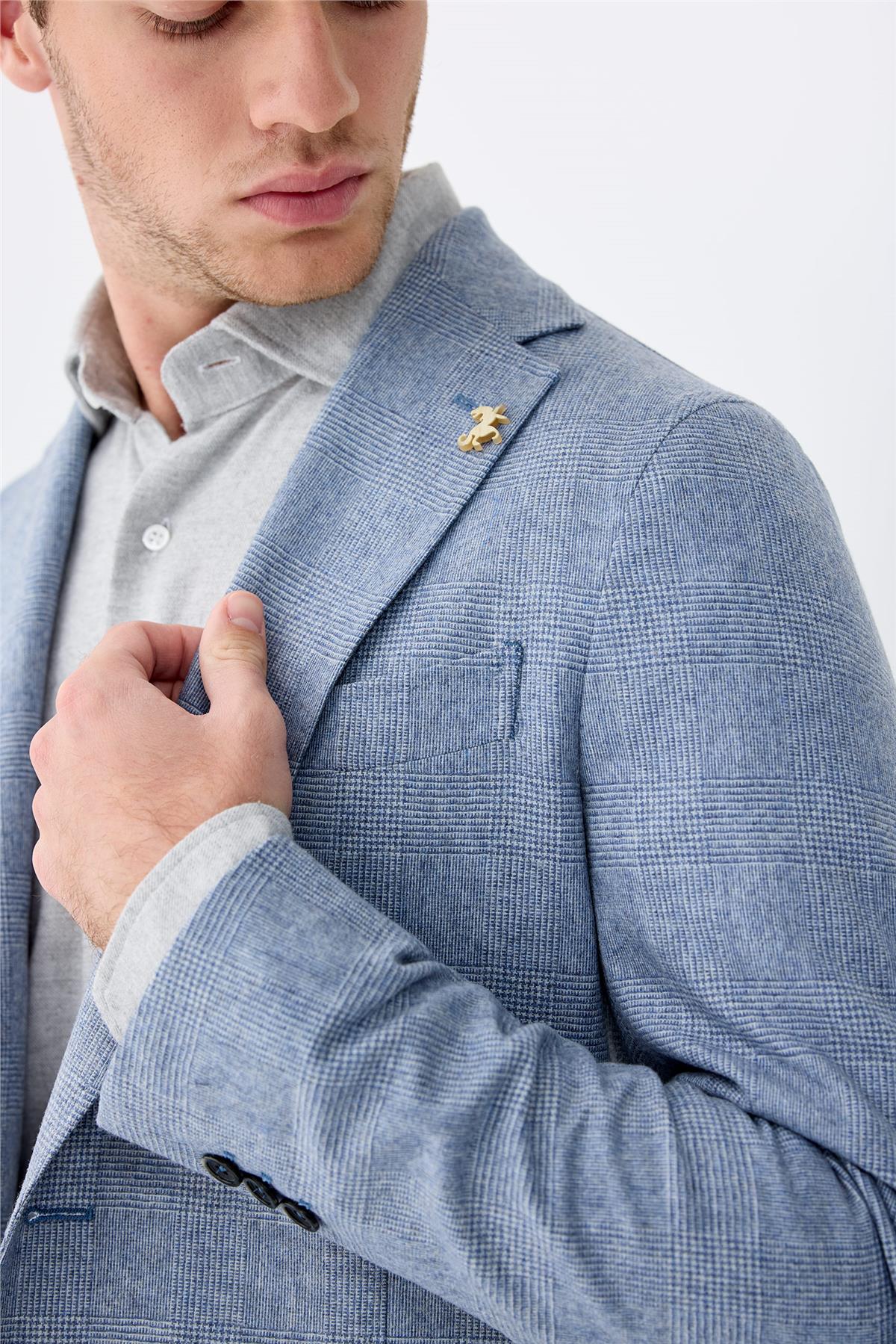 Mavi Kareli Yün Takım Elbise