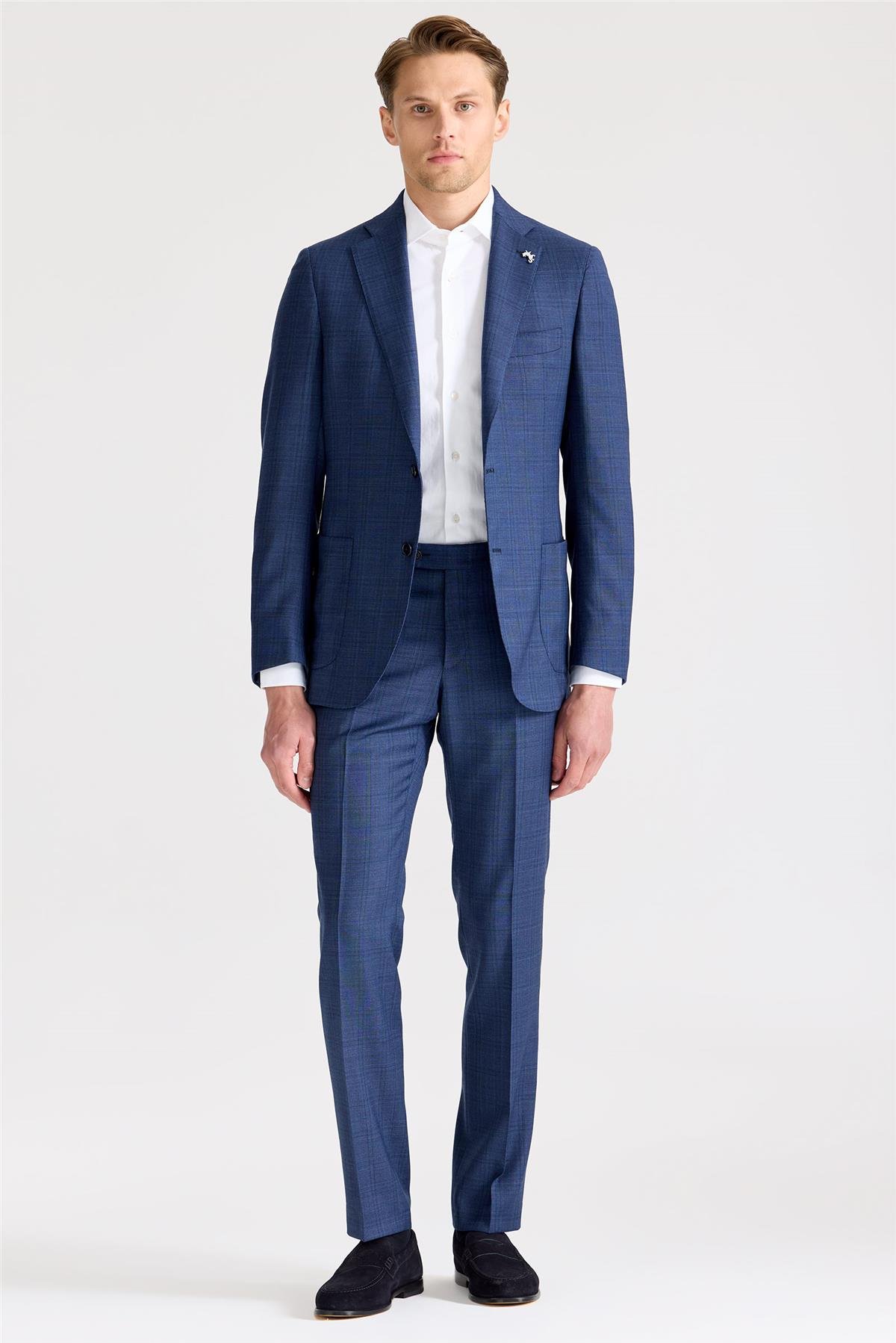 Mavi Kareli Yün Takım Elbise