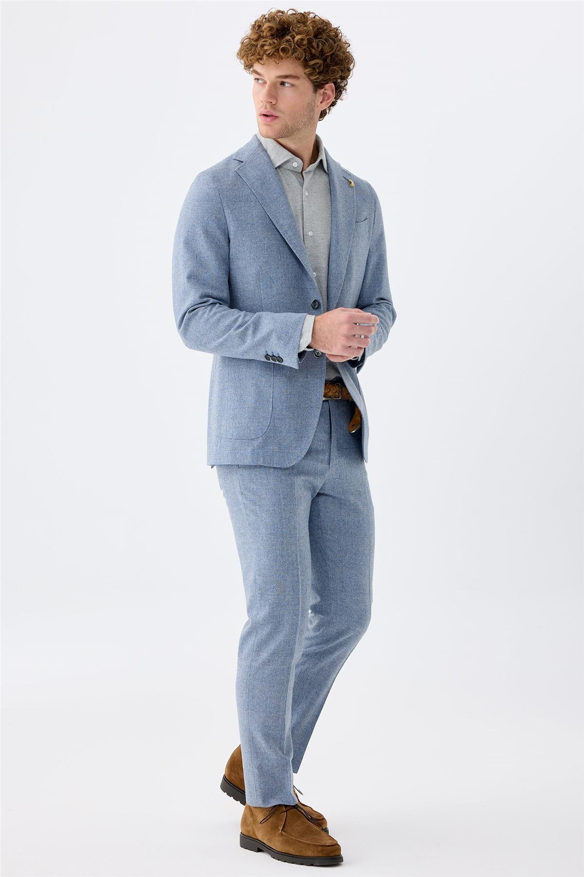 Mavi Kareli Yün Takım Elbise