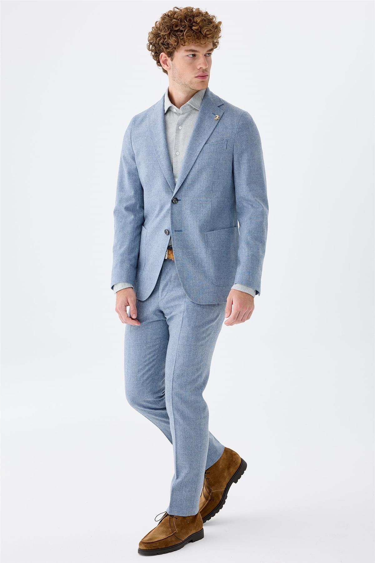 Mavi Kareli Yün Takım Elbise