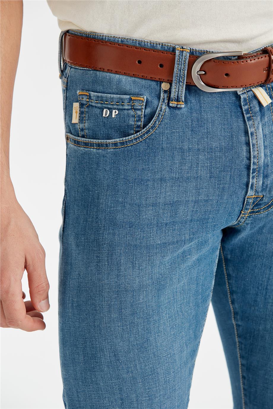 Mavi Keten Karışımlı Denim Pantolon