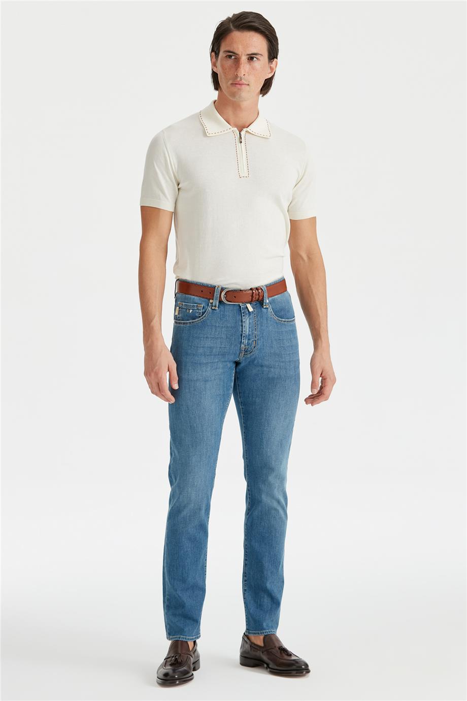 Mavi Keten Karışımlı Denim Pantolon