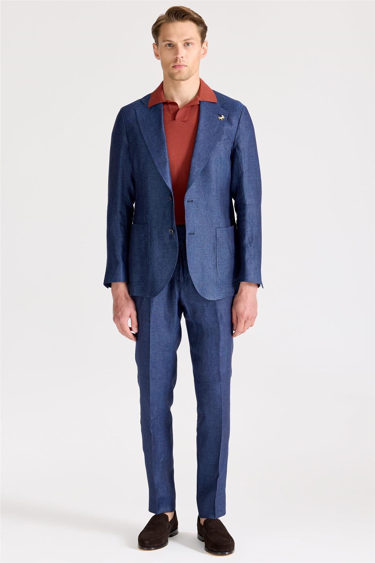 Mavi Keten Takım Elbise