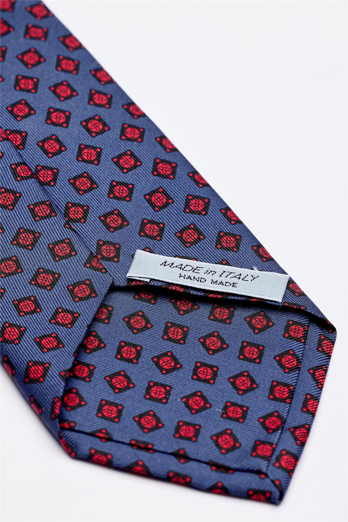 Mavi Kırmızı Desenli 7 Fold İpek Kravat