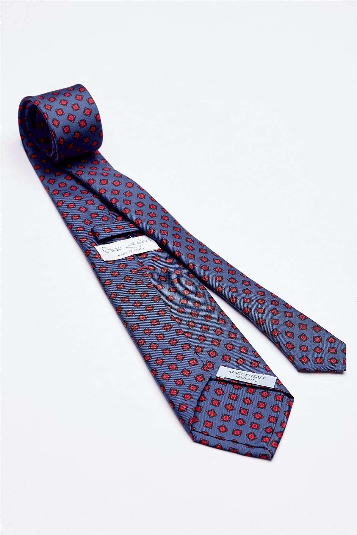 Mavi Kırmızı Desenli 7 Fold İpek Kravat