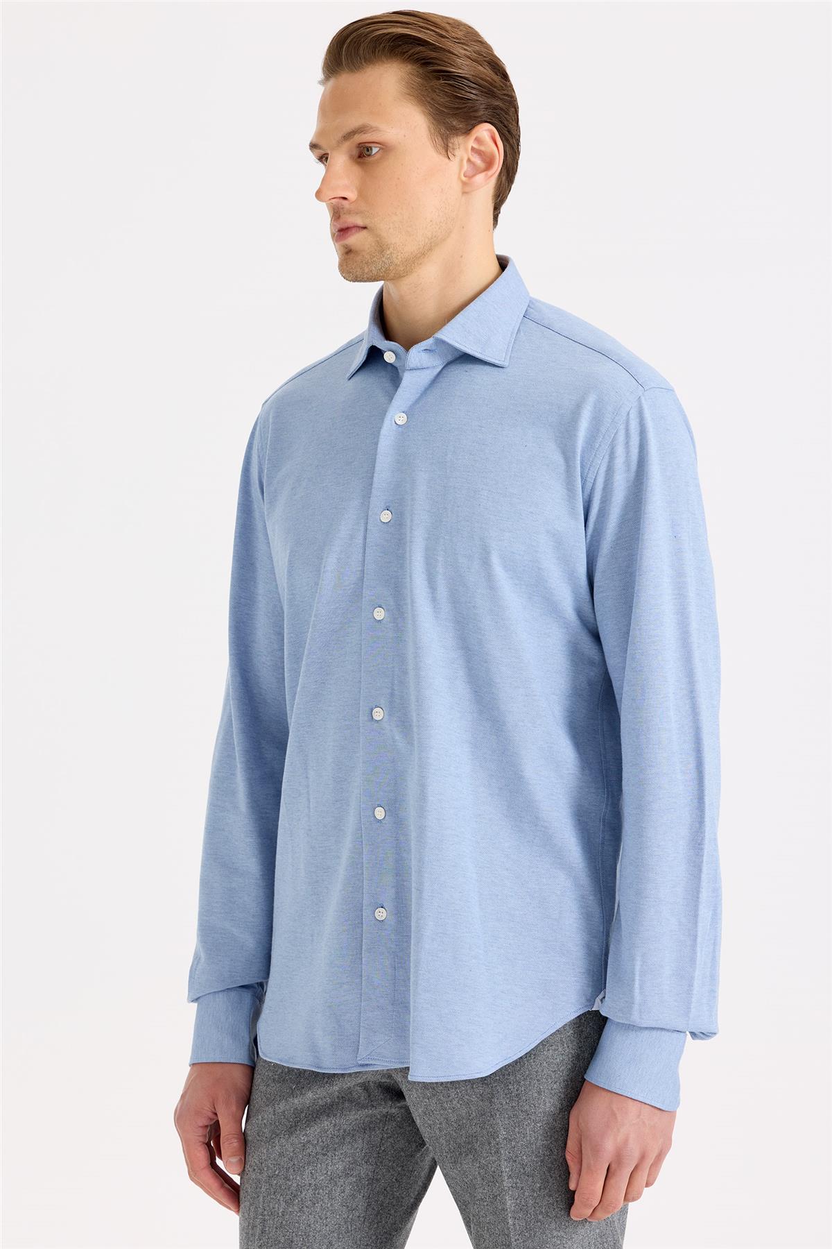 Mavi Pamuk Kaşmir Gömlek