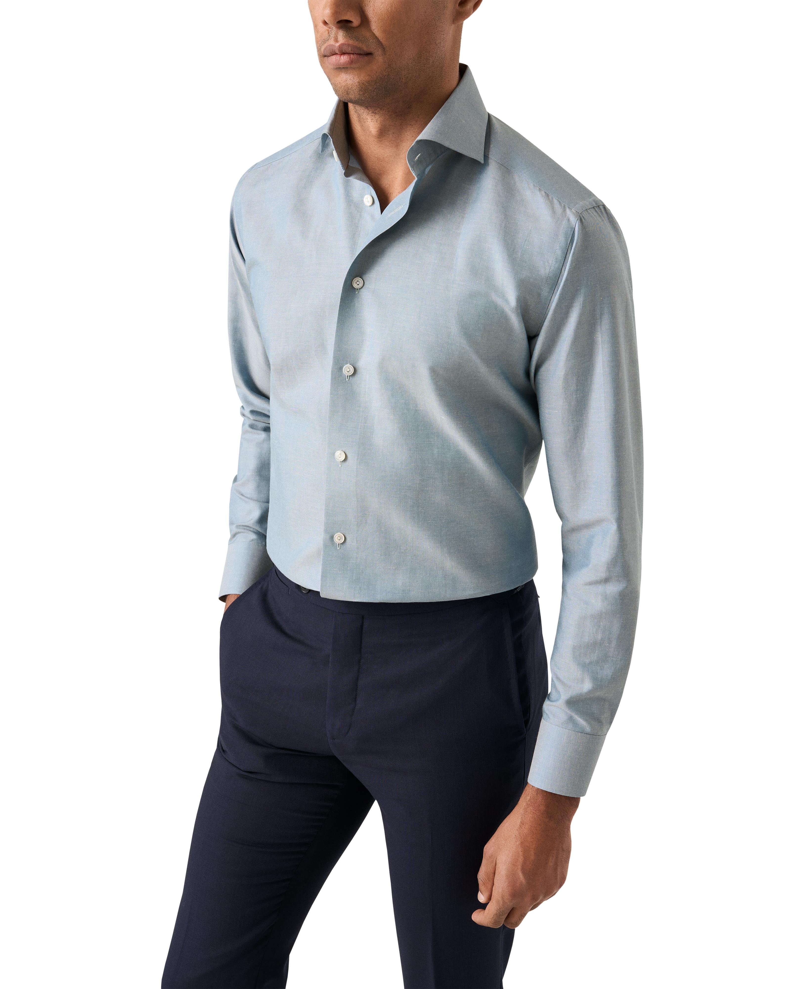 Mavi Pamuk Keten İpek Gömlek 