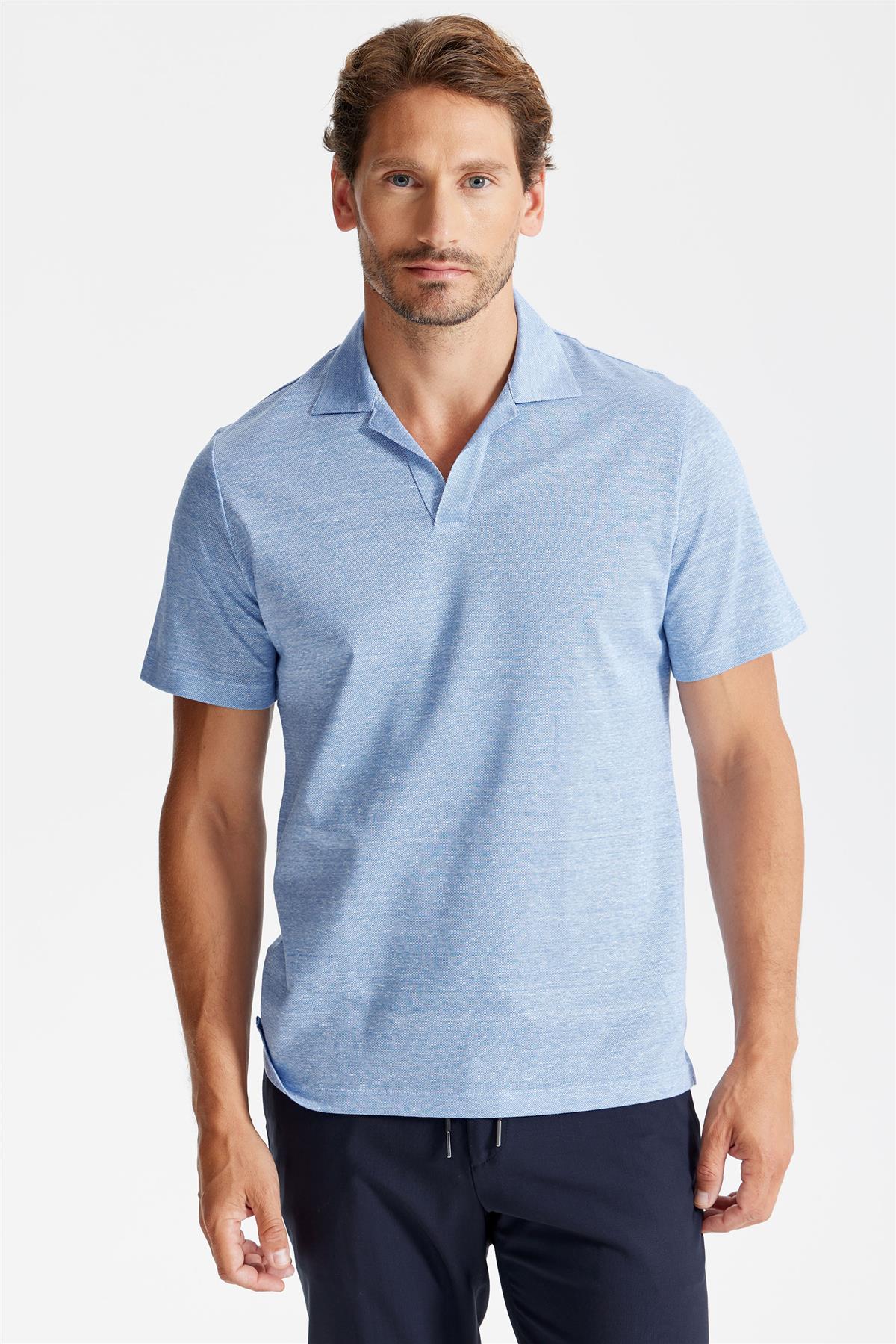Mavi Pamuk Keten Polo Yaka T-shirt 