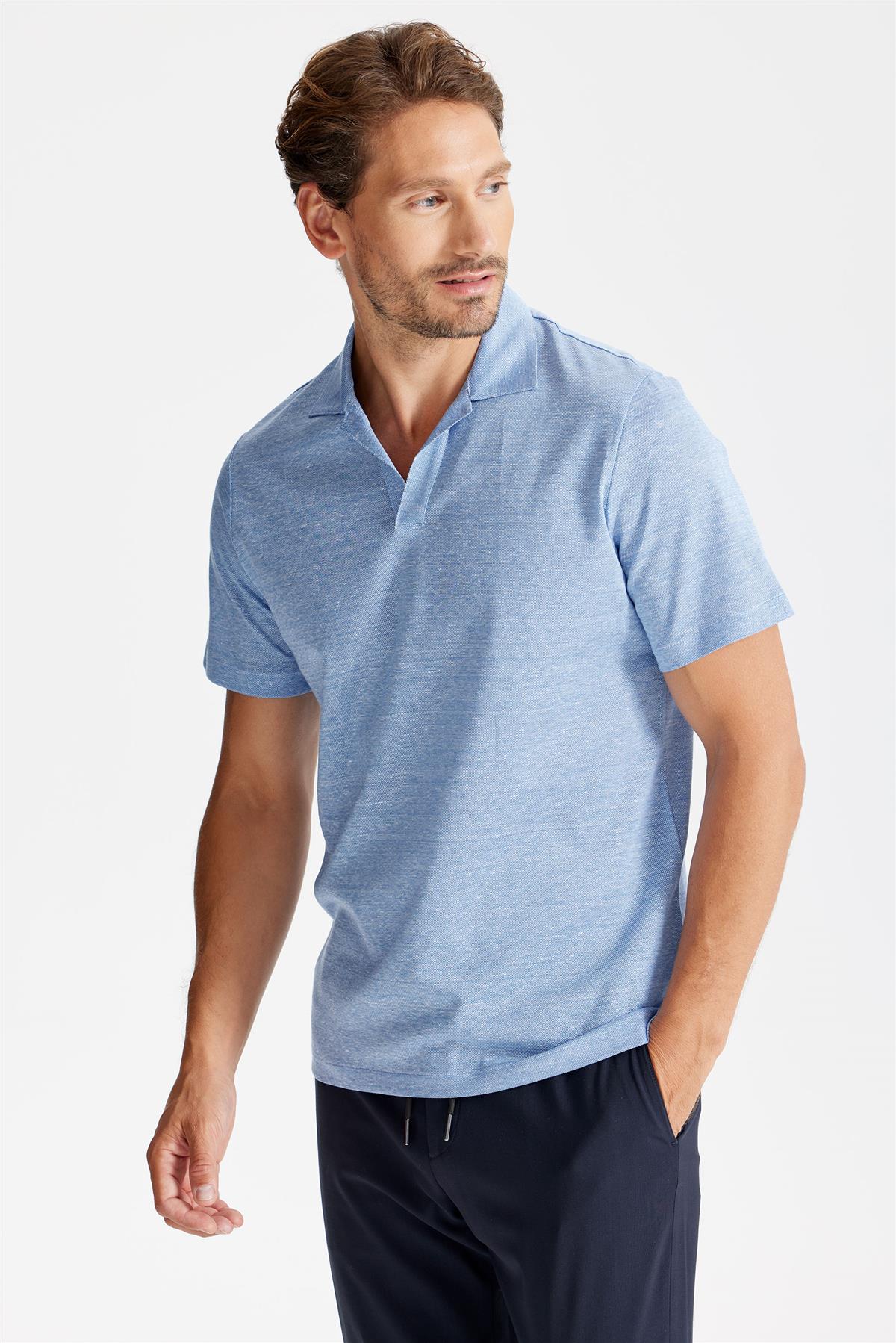 Mavi Pamuk Keten Polo Yaka T-shirt 