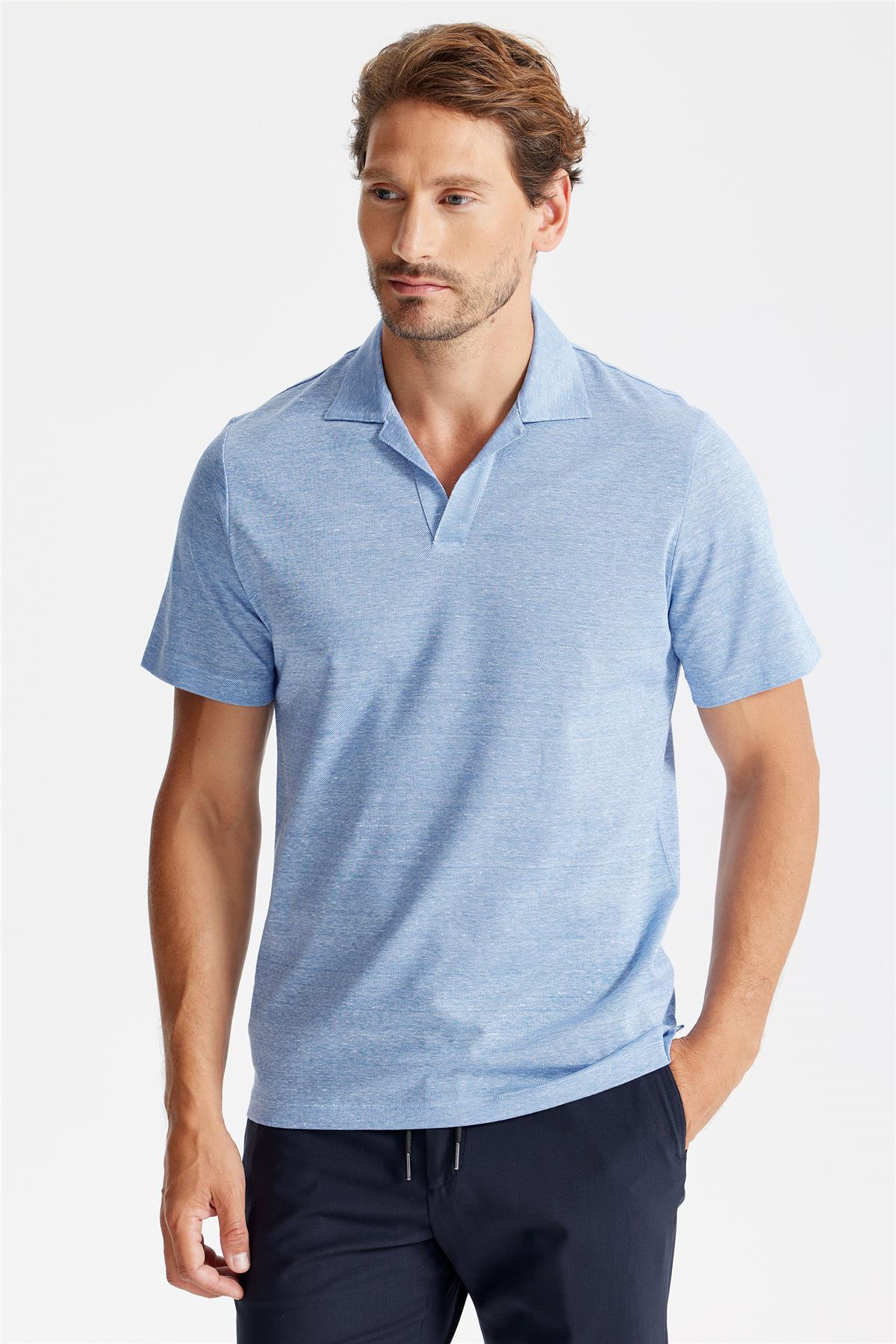 Mavi Pamuk Keten Polo Yaka T-shirt 