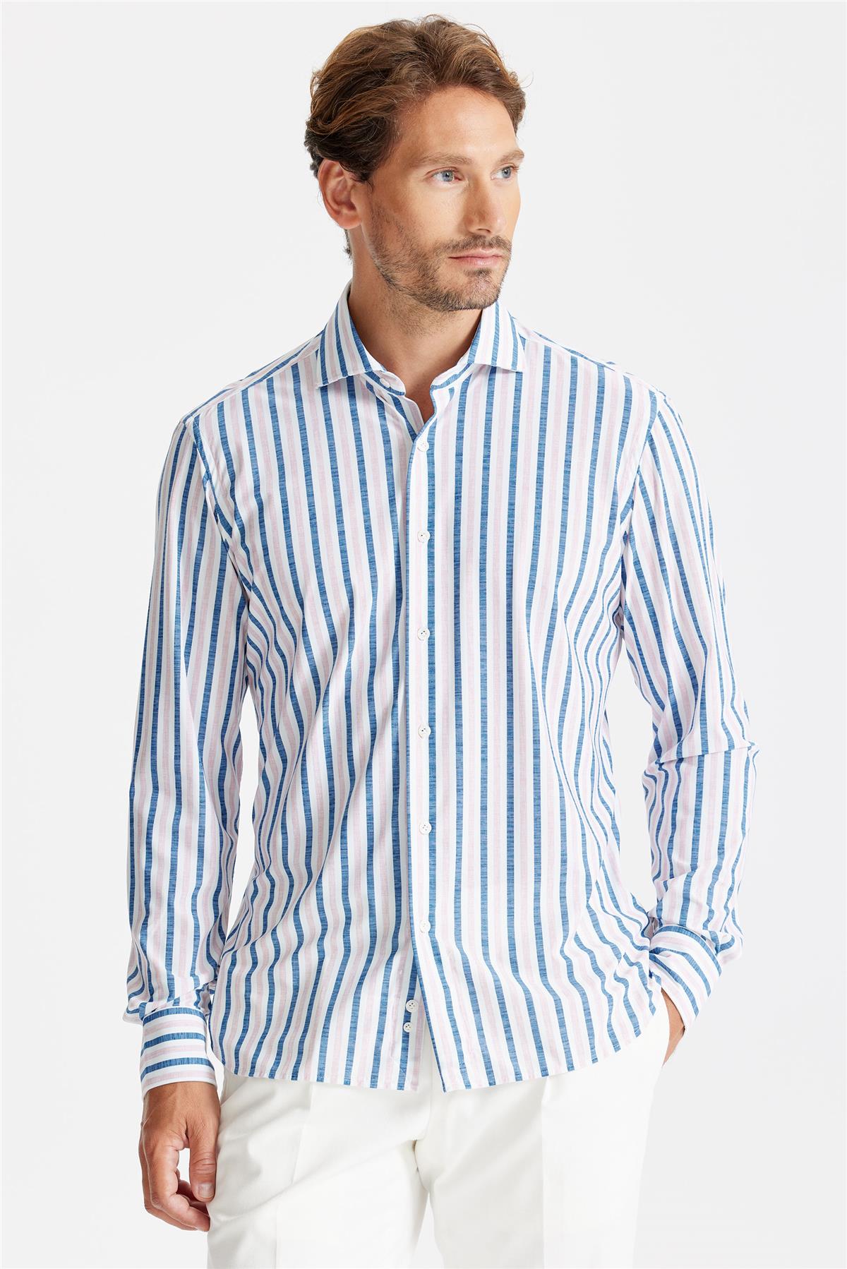 Mavi Pembe Çizgili Teknik Kumaş Gömlek