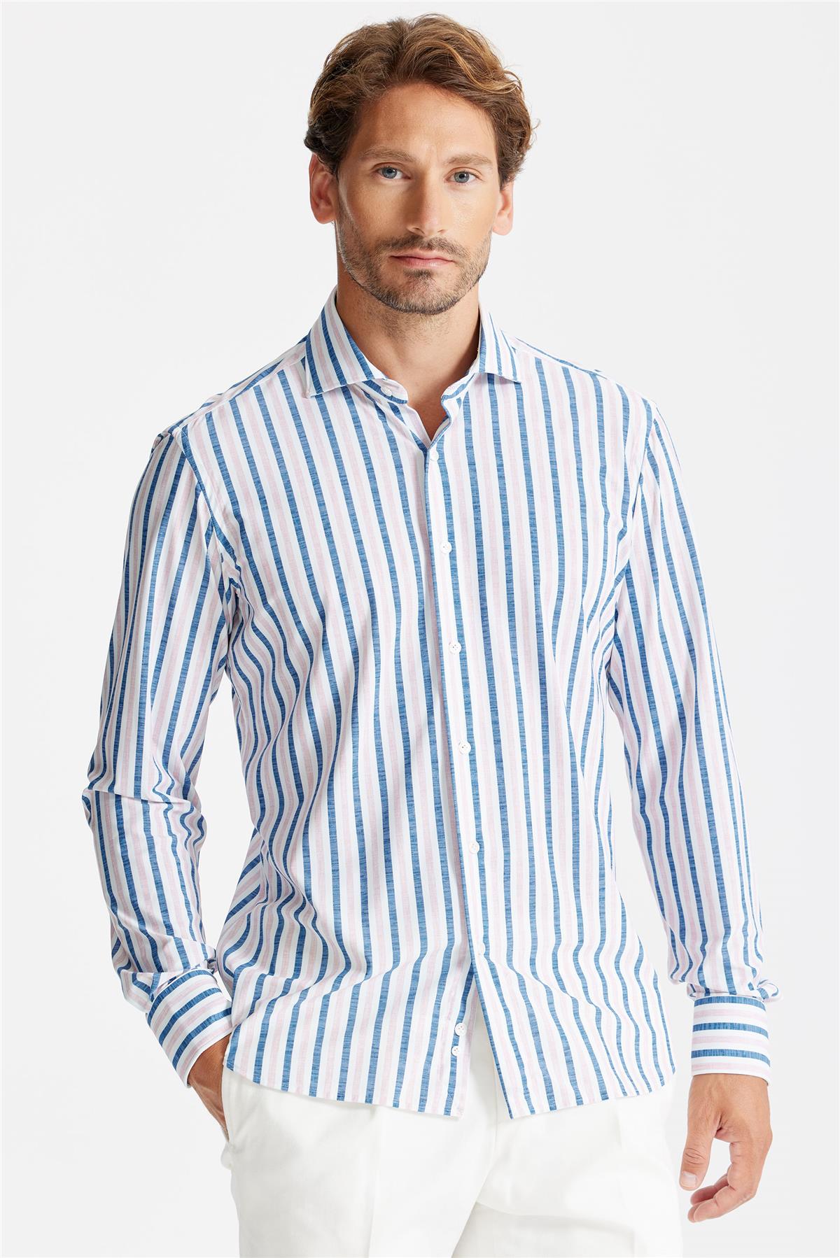 Mavi Pembe Çizgili Teknik Kumaş Gömlek