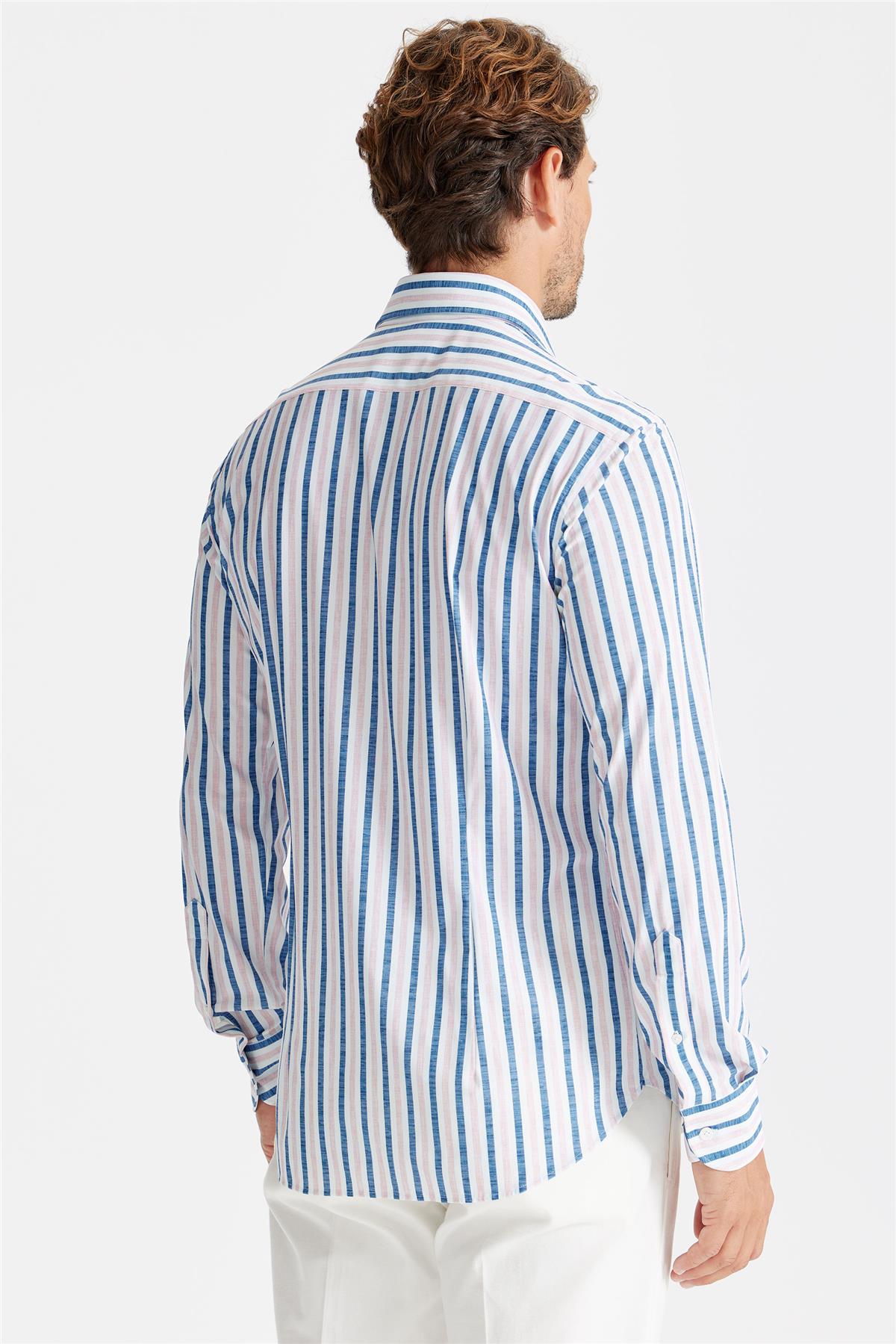 Mavi Pembe Çizgili Teknik Kumaş Gömlek