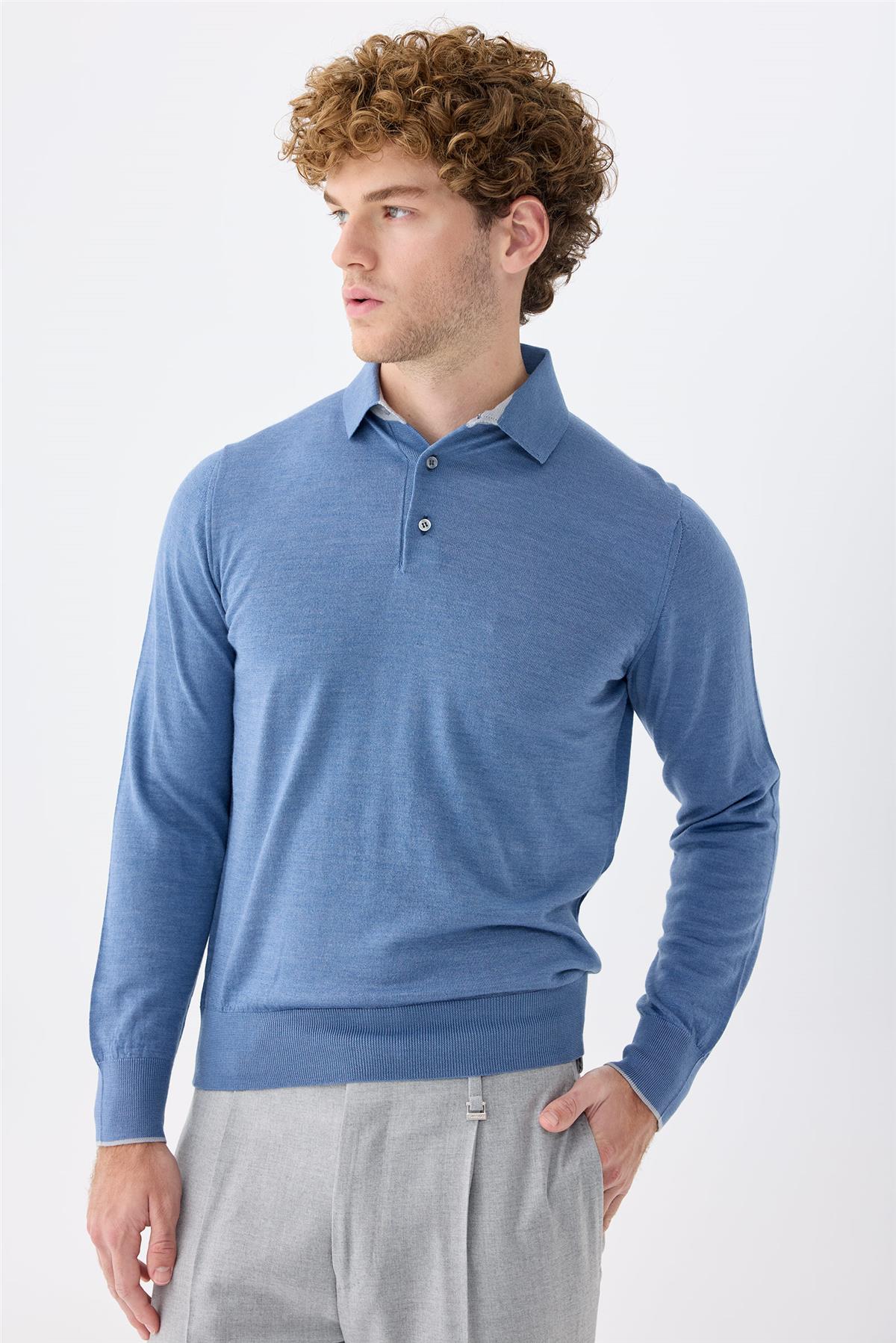 Mavi Polo Yaka Yün İpek Kaşmir Triko