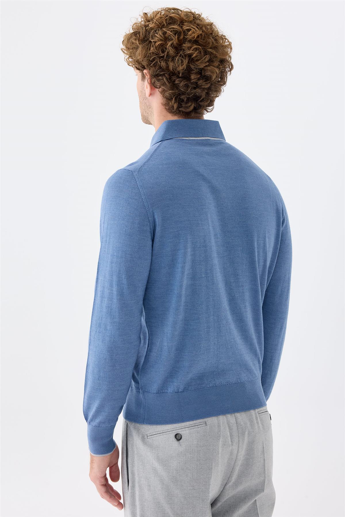 Mavi Polo Yaka Yün İpek Kaşmir Triko