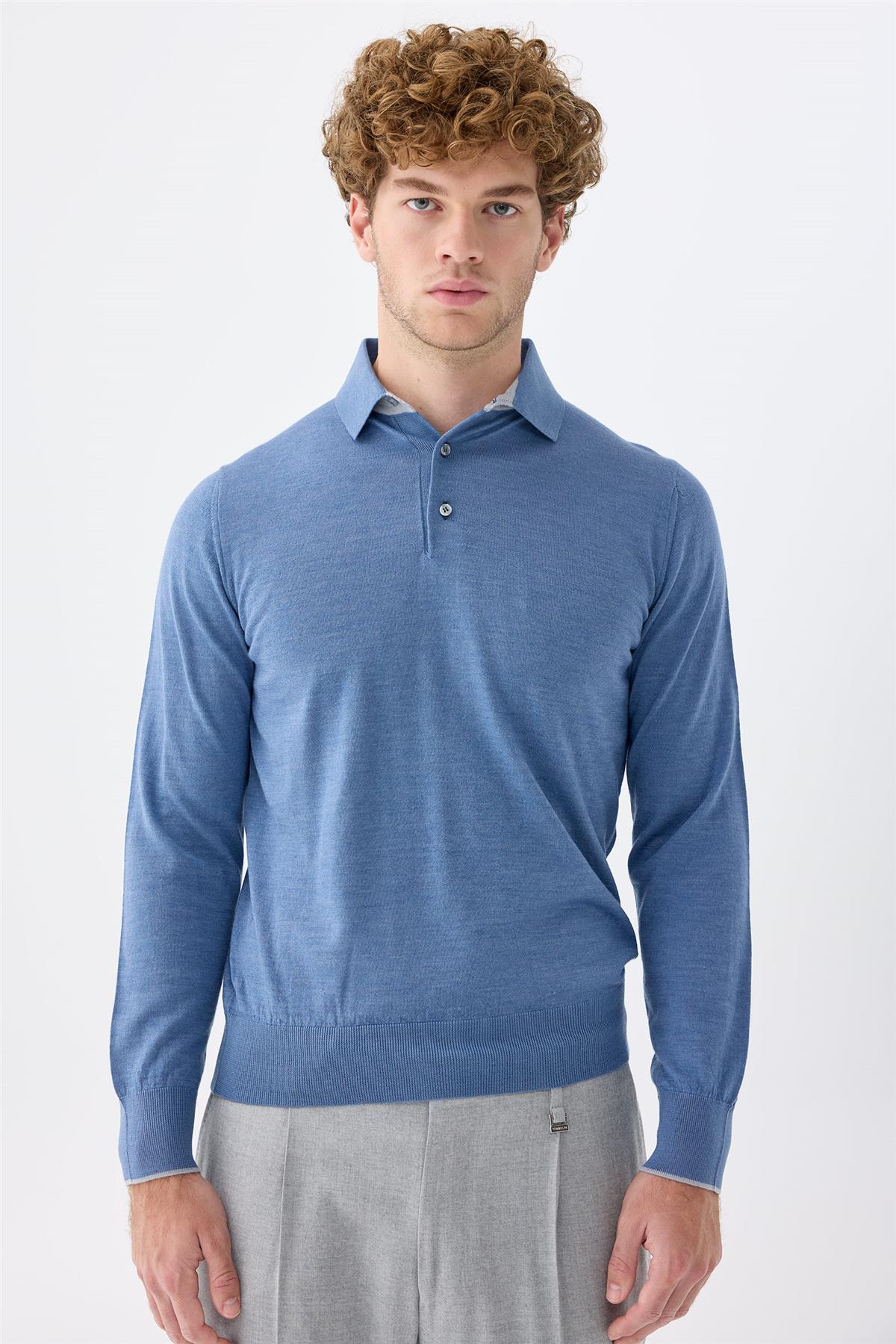 Mavi Polo Yaka Yün İpek Kaşmir Triko
